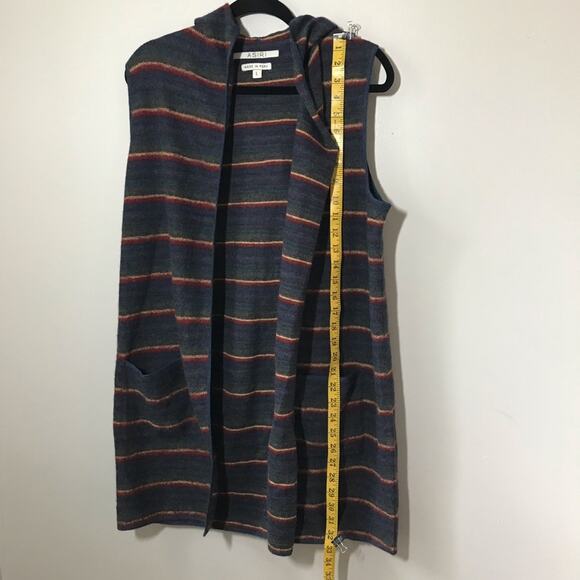 Asiri made in peru alpaca wool hooded long open vest sweater sz l striped - Picture 3 of 9